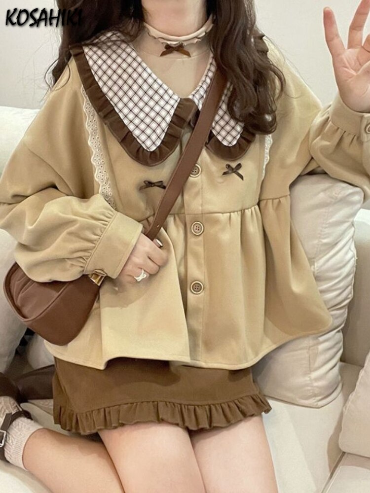 KOSAHIKI 2022 봄 가을 카와이 코트 여성 일본어 한국어 귀여운 피터팬 칼라 프릴 자켓 소녀 스위트 루스 아웃웨어